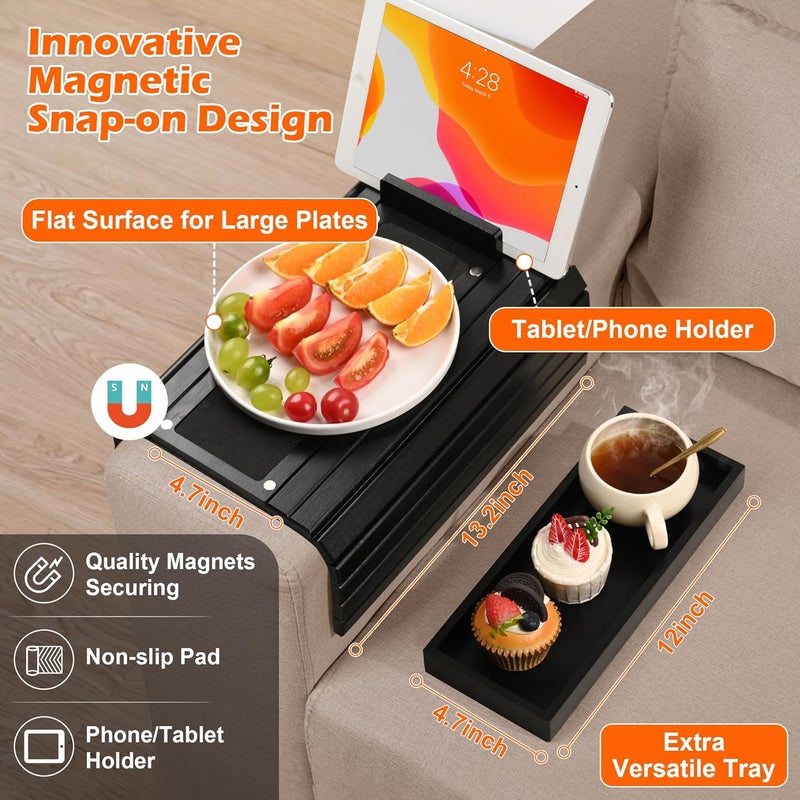 Joy&Grace Couch Arm Tray, 3-in-1 Magnetic Detachable Sofa Arm Table with Phone and Tablet Holder Bamboo Couch Cup Holder, Foldable Sofa Armrest Tray for Eating, Drinks, Phones (Black) - Image 2